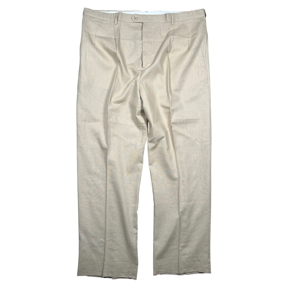 Trust Mens Tan Beige Linen Blend Pleated Dress Pants Size 44x32 Straight Leg